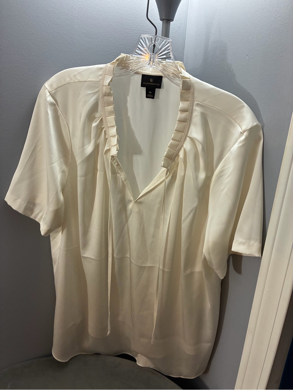 Worthington Cream Pleated-Ruffle V-Neck Short Sleeve Blouse